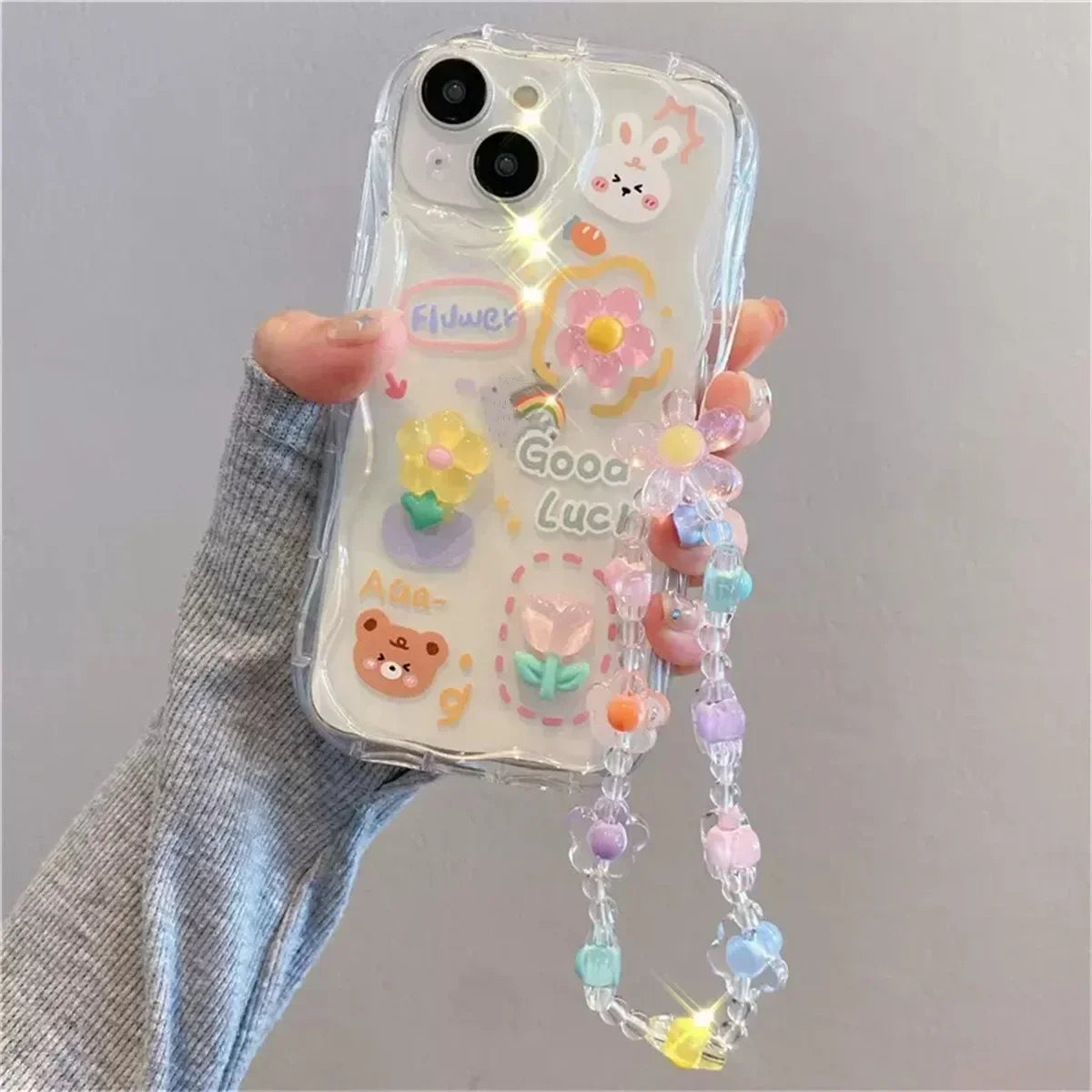 3D Bear Hang Phone Chain Lanyard Clear Soft Phone Case