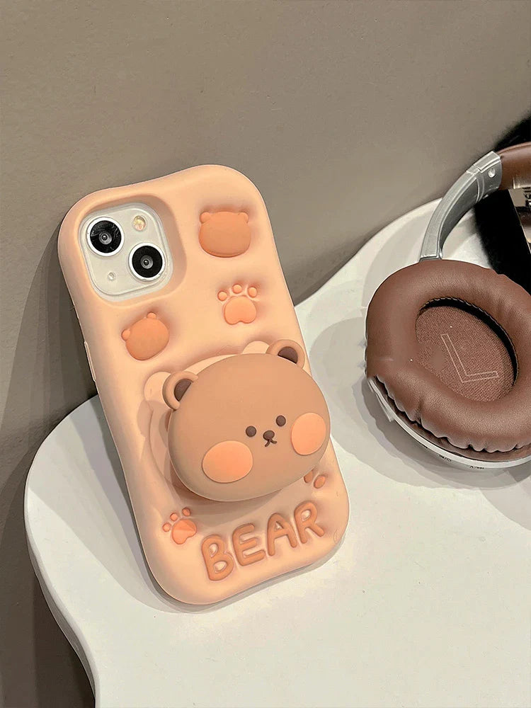 Lovely 3D Bear Hidden Holder Stand Silicone Phone Case